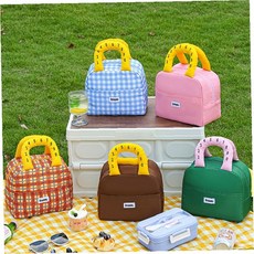 체크무늬 손잡이 보온 도시락 가방 피크닉 나들이 휴대 점심 보냉 백, 1개