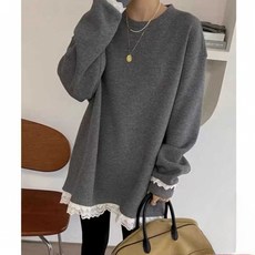 SAHINER 겨울 여성 레이스 트리밍 기모안감 오버핏 롱 맨투맨 BWY68