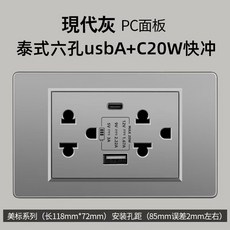 妃雪森 118型 PC灰霧面開關插座面板 帶USB-A+C 20W快充, 1個, 泰式六孔usbA+C 20W快充