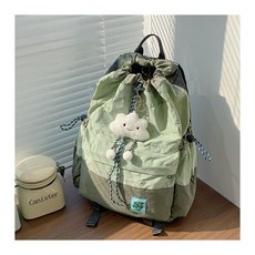 森系時光抽繩羽毛球雙肩包運動輕便男女款束口登山包大學生上課包, 綠色帶雲朵掛件