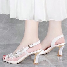 Angel 봄여름 신상품 오픈토 샌들 여성 패션 메쉬 통근힐 블링블링 망사 보석장식 통굽 슈즈