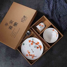 日式餐具禮盒 陶瓷碗盤筷套裝組合 家用一人食復古釉下彩餐具 送禮高顏值, 楓葉6件套精緻禮盒裝, 1個