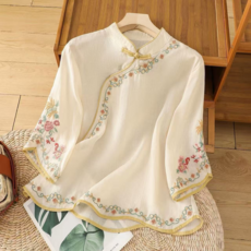 新中式刺繡棉麻襯衫女 文藝復古盤扣斜襟上衣