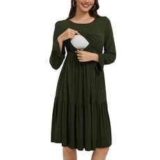 Smallshow 여성용 임산부 수유 드레스 긴소매 러플 모유 수유복 네이비 M 186025, M, 아미 그린
