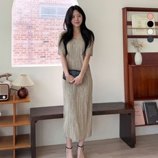 디테일웨어 여성 매직 주름 롱원피스 브이넥 플리츠 주름 편한원피스 임부복 신축성 좋은 반팔원피스 시원한 여름원피스