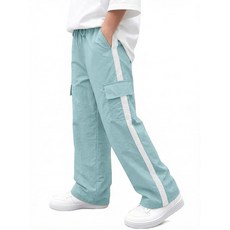 Haloumoning 남아용 와이드 레그 카고 팬츠 아동용 스트라이프 신축성 있는 허리 낙하산 바지 포켓 포함 만 5~14세 블랙. 7~8세107534