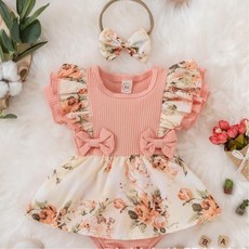 嬰幼兒花朵印花包屁連身裙附髮帶 夏季無袖短袖款 寶寶U領坑條洋裝