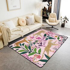 레오파드 어린이 부분 러그 치타 동물 플로럴 보헤미안 보태니컬 실내 바닥 매트 입구 러그 여아 남아용 식물 꽃잎 트렌디한 미끄럼 방지 러그 핑크 오렌지 그린 소파 거실 장, 3'3" x 4'11" (Rectangular)