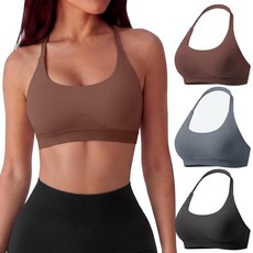 Coume 3팩 여성용 홀터 스포츠 브라 오픈 백 임팩트 운동 브라렛 2026 트렌디 패션 패딩 크롭 탑 심리스 요가 체육관 블랙 딥 퍼플 다크 블루 라지, Black, Deep Grey, Brown
