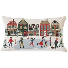 HERHOME 겨울 휴일 장식용 쿠션 커버 30.5x50.8cm(12x20인치) 빌리지 하우스 아이스 스케이팅 크리스마스 장식 야외 크리스마스 장식 요추 장식용 쿠션 케이스 소, 레드 그린