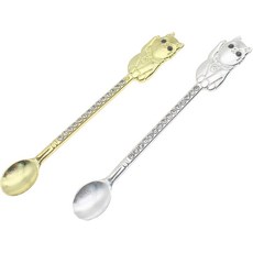 미니 파우더 고양이 모양 약 스쿱 2개 금속 삽 숟가락 병 가정용품용 실버 + 골드, 2pcs Head Shape, Antique silver +