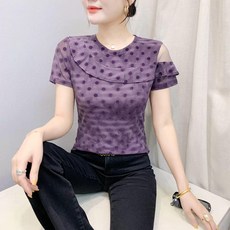 여성 라틴댄스복 어깨포인트 땡땡이무늬 반팔 방송댄스복 상의 무용복 제품 연습복 방송댄스 도트, 11.보라 XL