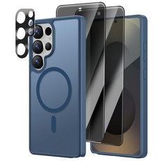 [4 in 1] 갤럭시 S25 엣지 케이스 2 사진 프라이버시 액정보호필름 및 카메라 프로텍터 1개 MagSafe에 적합 군용 등급 충격 방지 반투명 매트 S25엣지 커버, for Galaxy S25 Ultra, 다크 블루