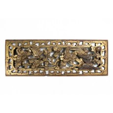 《博古珍藏》清代樟木雕漆金花鳥紋窗花，早期收藏老件精品，長36公分，居家裝飾增添古典雅致氣息，行家收藏超值回饋。, 1個