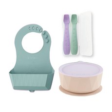 2angels 矽膠餐具組, 1個, 碗(薰衣草紫)+飯兜(夏葉綠)+湯匙