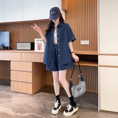 MIREA 여성 반팔 데님 셔츠 밴딩 숏팬츠 세트 여름 캐주얼룩 CTZ11
