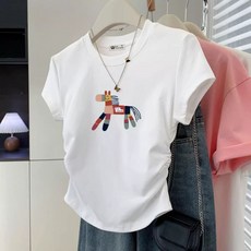 여성 컬러 말 프린트 라운드넥 반팔 티셔츠 루즈핏 캐주얼 면 상의