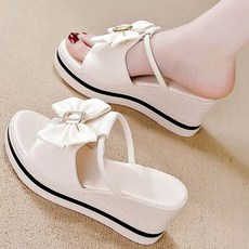 ROYALBELLE 여성 리본 장식 두꺼운 굽 슬리퍼 캐주얼 외출용 편안한 웨지힐 샌들 I072301