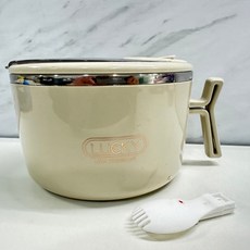 LUCKY 不銹鋼泡麵碗 1300ML 雙層隔熱防燙 附瀝水蓋手機支架 奶油白, 1個, 泡麵碗瑕疵一