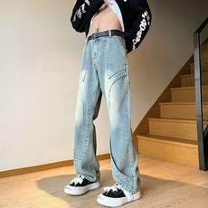 美式復古直筒微喇牛仔褲 男款高腰水洗做舊長褲