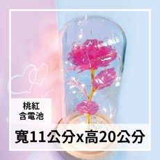 玻璃玫瑰花 附電池 寬11公分 x 高20公分, 玻璃罩玫瑰花(桃紅)附電池