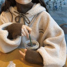 【Helena】羊羔毛套頭衛衣 毛衣連帽大學T 假兩件長袖上衣 韓版加絨寬鬆百搭上衣