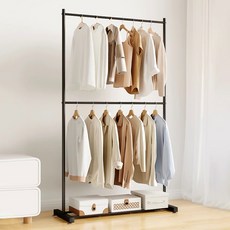 이동식 2단 행거 다용도 옷걸이행거 철제 기둥식 스탠드옷걸이 시스템 행거, 블랙
