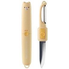 二合一水果刀附護手刀鞘 - 兩用水果削皮刀切片刀，多功能廚房工具，安全護手設計，可愛造型, 黃, 1個