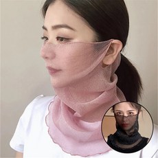 미즈코스 쉬폰 쿨 스카프 시스루 목토시 여름 쿨목토시 넥워머 자외선차단 얼굴 가리개, 검정+핑크, 1세트