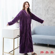 【M-5XL大尺碼】大尺碼女裝睡袍 秋冬長款拉鏈珊瑚絨法蘭絨浴袍 加厚保暖睡衣