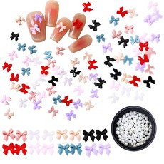 shefun 네일 파츠 리본 약 100개 3D 입체 작은 사이즈 넥타이 네일 파츠 미니 귀여워 나비 매듭 젤 네일 (진주와 브리온 포함) JP602