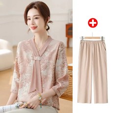 Titikong 여성 중장년 7부 셔츠 + 밴딩 바지 세트 캐주얼 데일리 상하의 투피스