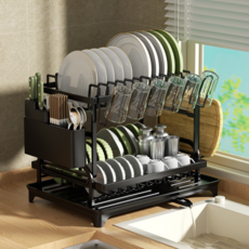 주방 싱크대 선반 받침대 포함 물빠짐 식기건조대, 1개, 블랙, 2단