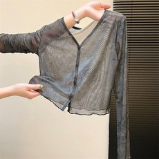 AOKADA 여성 여름 루즈핏 브이넥 시스루 망사 긴팔 가디건