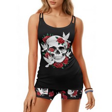 [ 1205085 ] HUNTFAMI 탱키니 여성용 수영복 투피스 2025년 여름 복부 컨트롤 탱크탑 보이쇼츠 포함 해골 무늬 M