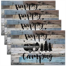 RV 캠퍼 플레이스 매트 4개 세트 블루 그레이 농가 스타일 스트라이프 플레이스 매트 30.5 x 45.7cm(12 x 18인치) 식탁 장식용 해피 캠핑 트레일러 손잡이, 그레이 블루