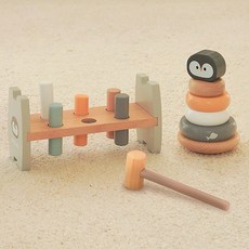폴라비 아기 링쌓기 망치놀이 세트 원목 장난감 12개월 13개월 선물, 펭귄, 1개