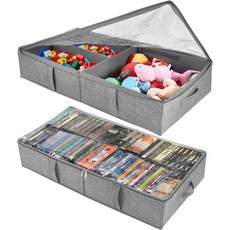 2팩 침대 밑 장난감 보관함 투명 뚜껑이 있는 회색 정리함 접이식 소파 푹신한 인형 책 옷 신발 및 담요를 보관할 용기