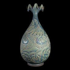 博古珍藏 宋．鈞窯天藍釉刻雲龍紋玉壺春瓶 高39公分 早期收藏 老件花瓶瓷器 博物館級文物