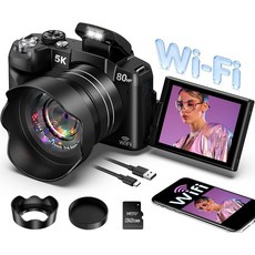 5K 디지털 카메라 사진 촬영용 80MP WiFi YouTube용 고속 자동 초점 브이로그 3인치 270 플립 스크린 8배 줌 메모리 카드 렌즈 후드를 갖춘 초보자를 위한 UHD