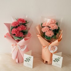 라솔트 비누꽃 스윗 카네이션 꽃다발 2p + 쇼핑백 2p + 메세지카드 2p 세트, 핑크, 피치, 1세트