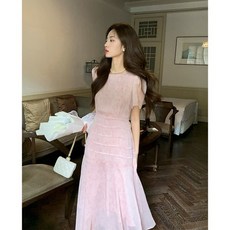 프렌치 여성 롱원피스 빅사이즈 슬림핏 쉬폰 머메이드 원피스 빅사이즈 여름 여자 반팔 원피스 YSQ