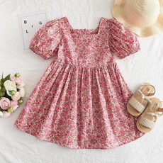 女童碎花泡泡袖連衣裙 夏季法式印花娃娃裙