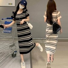 여성 스트라이프 여름 니트 스퀘어넥 반팔 롱 원피스