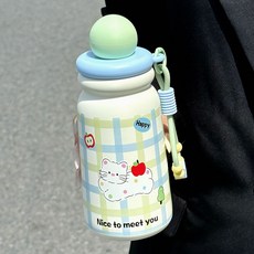 簡約小貓316不鏽鋼雙飲保溫杯可愛高顏值女生學生兒童吸管水杯款, 1個, 1L, 球蓋綠色小貓:500ml