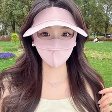 2026新款防曬面罩全臉口罩防紫外線女透氣遮陽臉基尼帽檐太陽戶外臉罩, 黑膠帽檐掛耳式【櫻花粉】