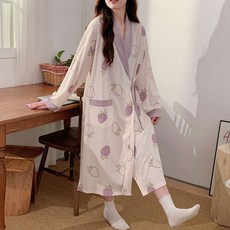 日式草莓印花浴袍 春秋長袖睡衣 和服式家居服 孕婦待產服