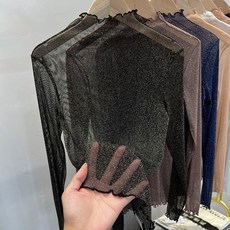 J Z V E 黑色網紗打底衫女內搭紗衣，洋氣亮絲半高領薄紗高彈力透視蕾絲上衣, 黑色銀絲,M