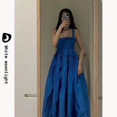 휴양지 원피스 리조트 민소매 휴식 여행 나시 바캉스 캐주얼 롱원피스 끈나시 블루 휴가 제품, 1.블루스