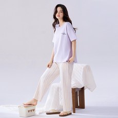 ANYOU 여자 순면 잠옷 라운드넥 반팔 실내외겸용 홈웨어